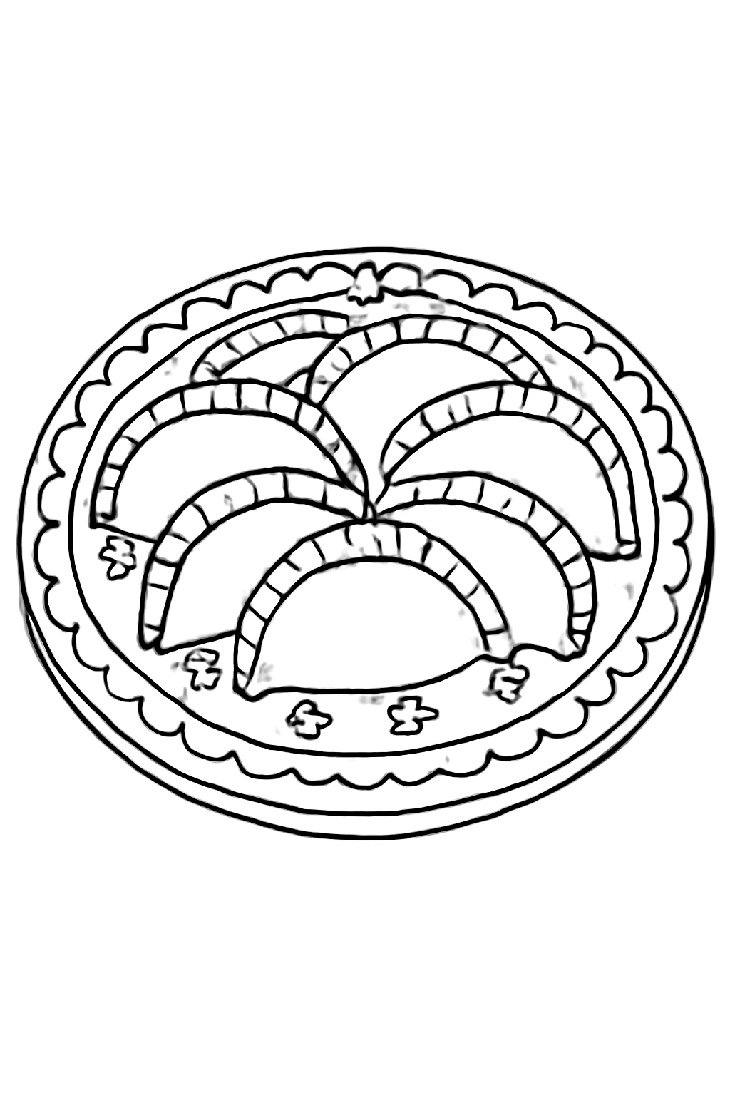 Free printable Holi sweets gujiya on a decorated plate coloring page for kids