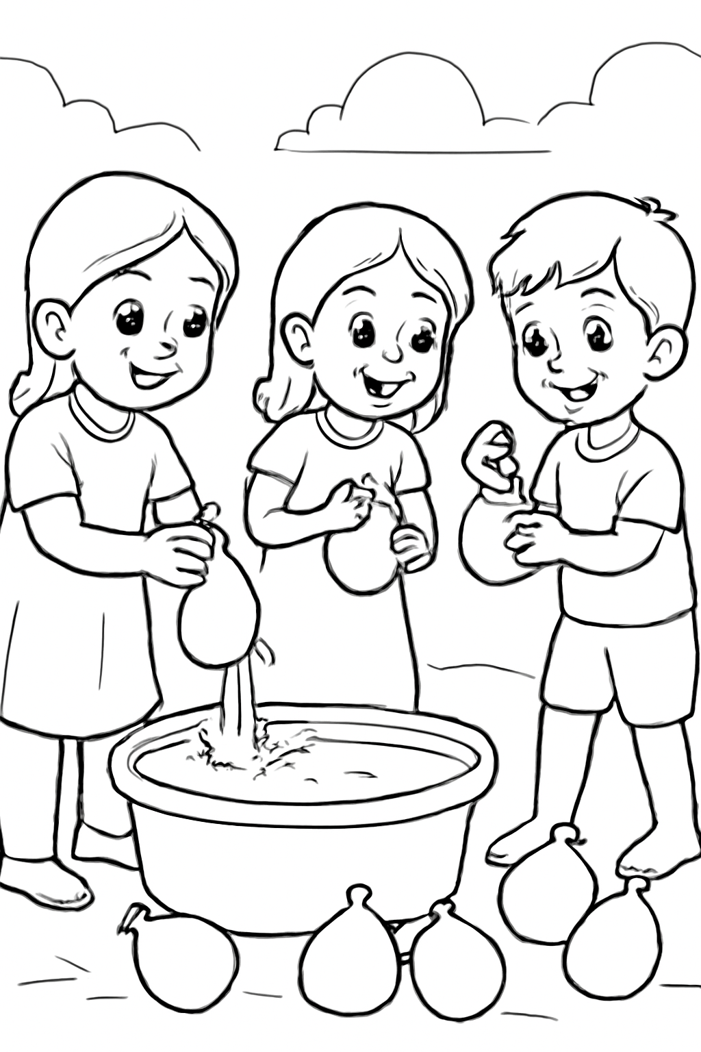Free printable friends filling water balloons for Holi coloring page for kids
