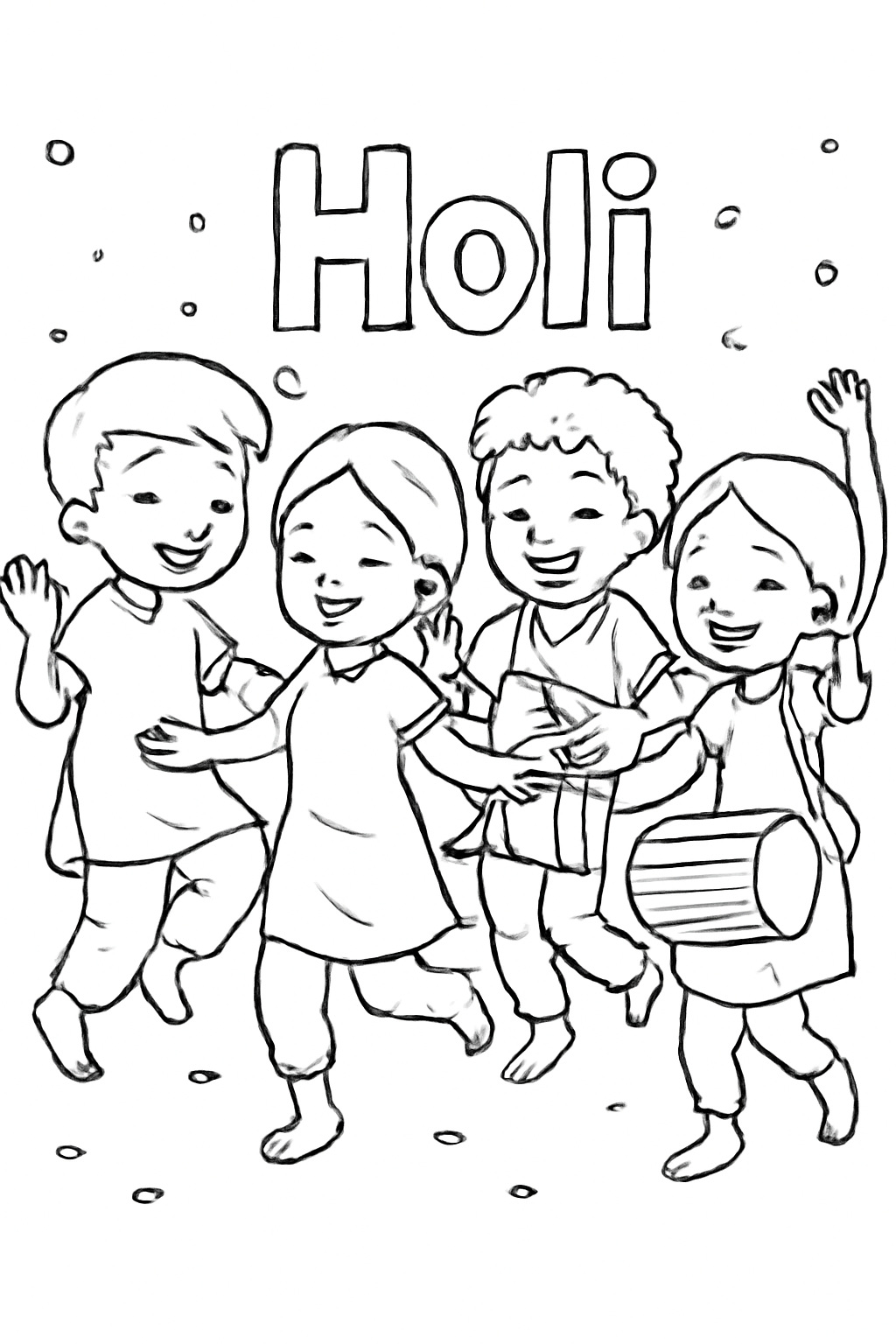 Free printable dancing circle with drums for Holi coloring page for kids