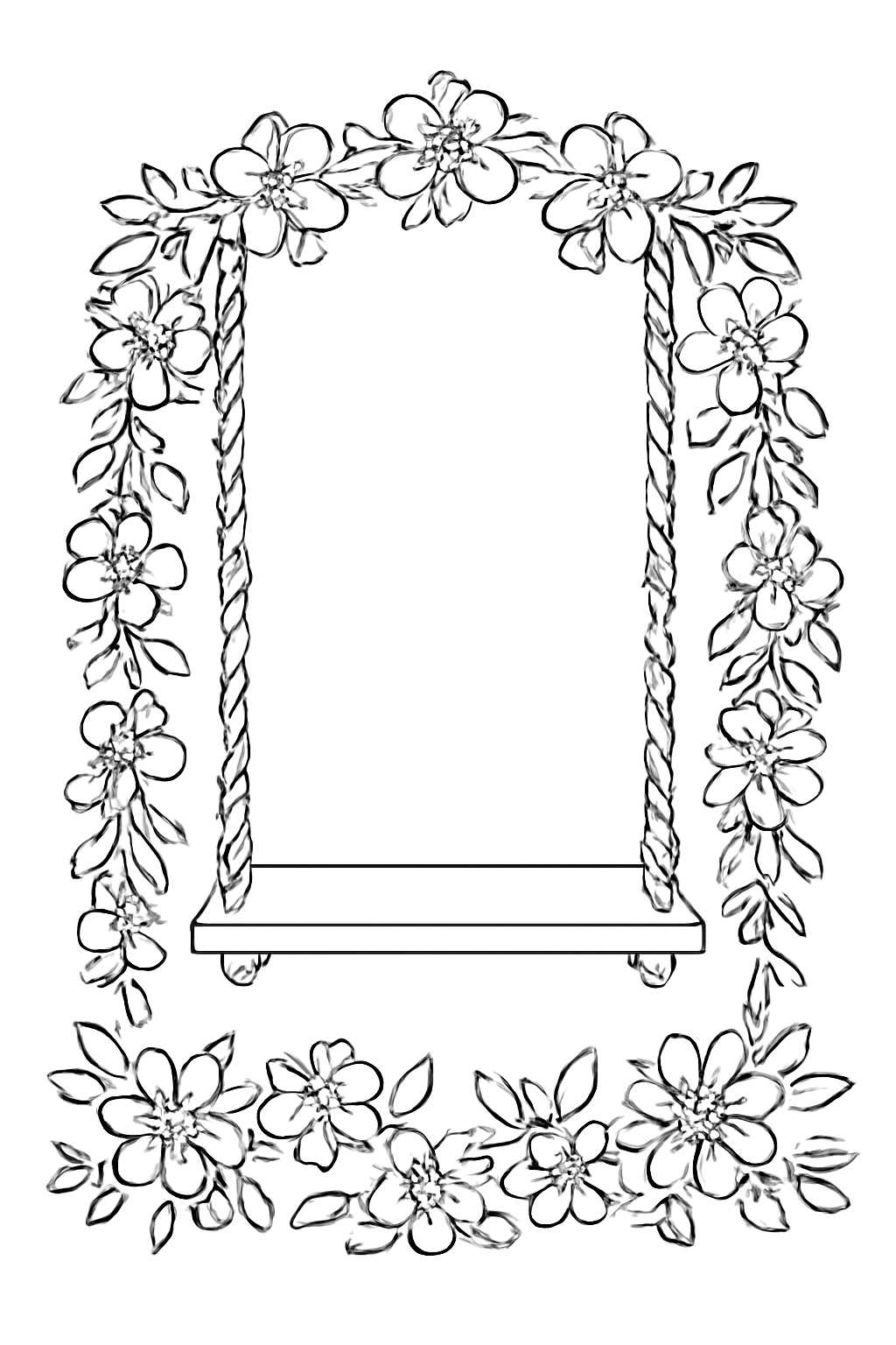 Free printable Holi swing decorated with flowers coloring page for kids