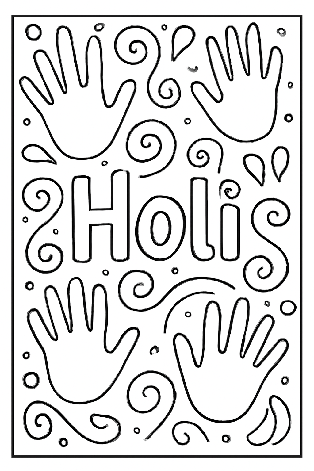 Free printable Holi greeting design of handprints and swirls coloring page for kids