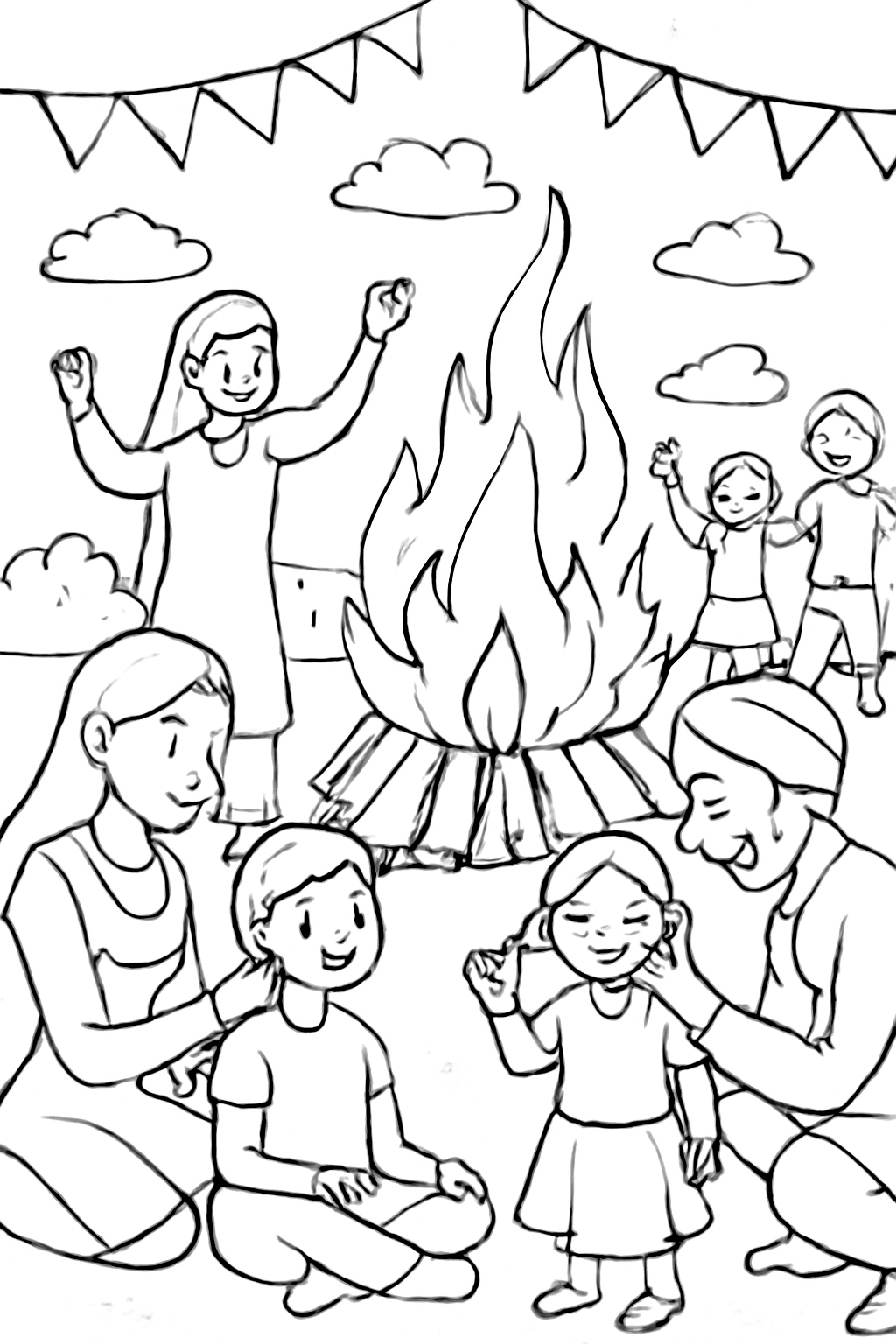 Free printable Holi bonfire gathering with families coloring page for kids