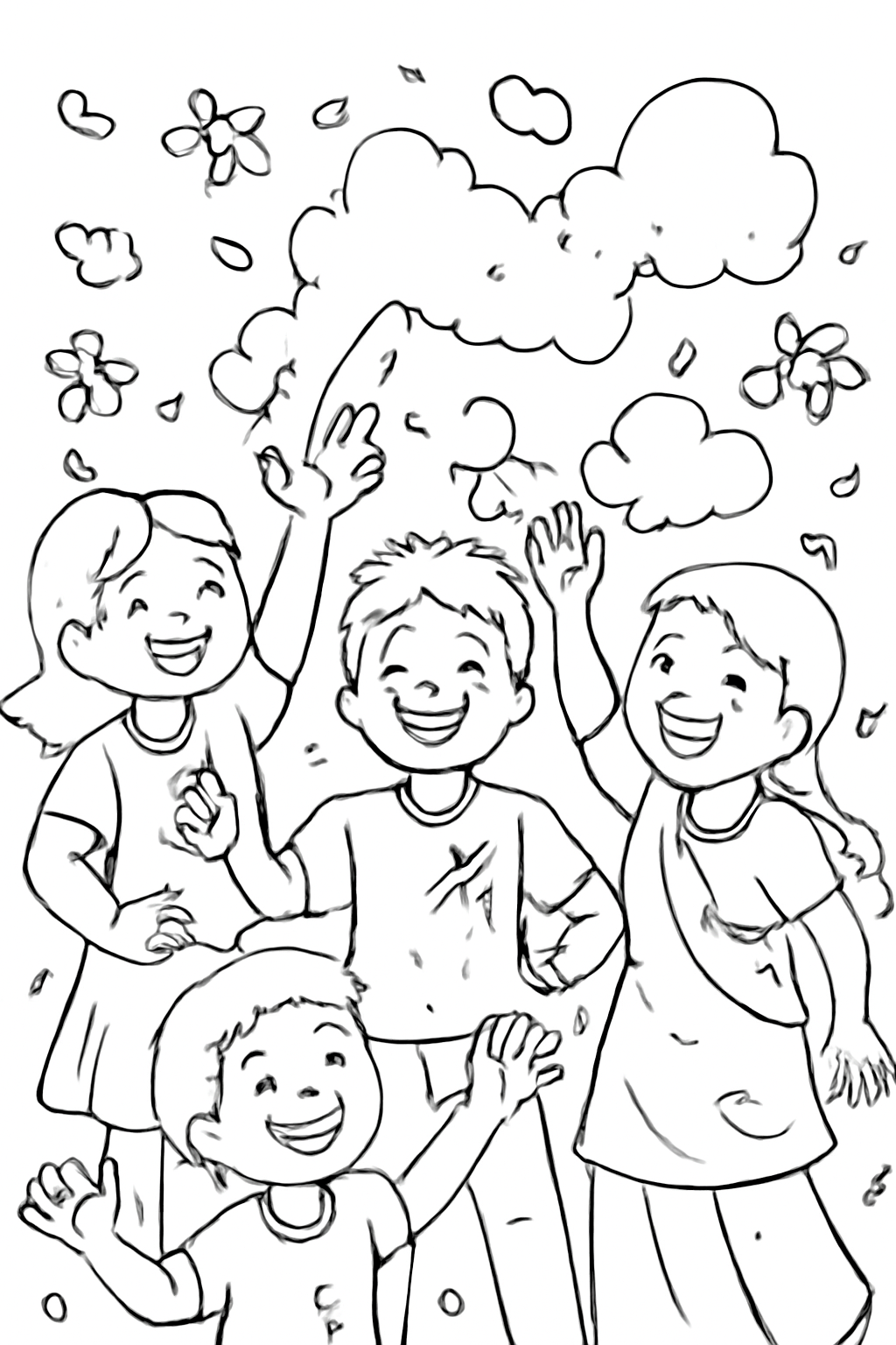 Free printable children joyfully celebrating Holi with flower petals and playful powder clouds shown as outlines coloring page