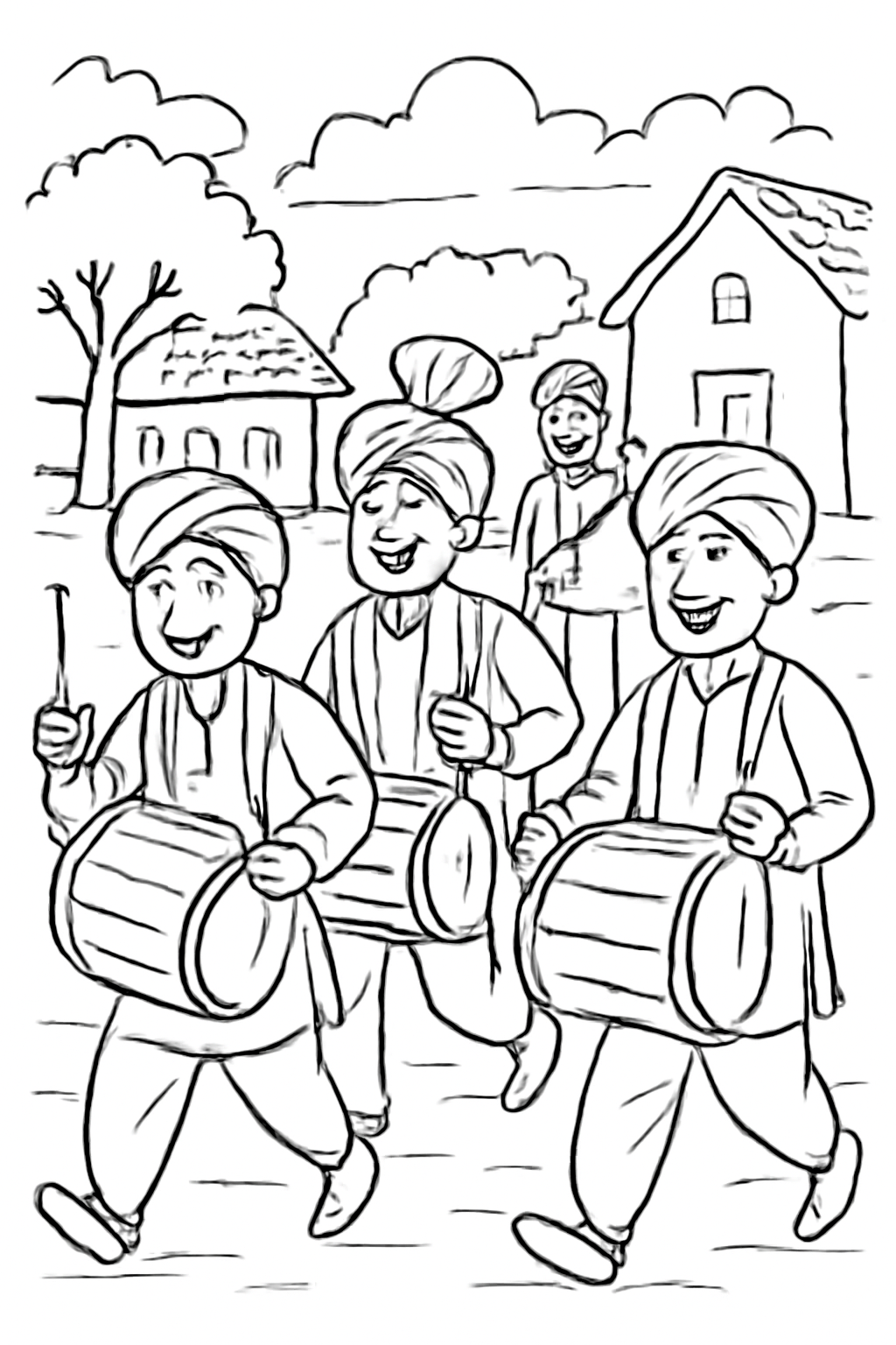 Free printable Holi drummers marching through a village coloring page for kids