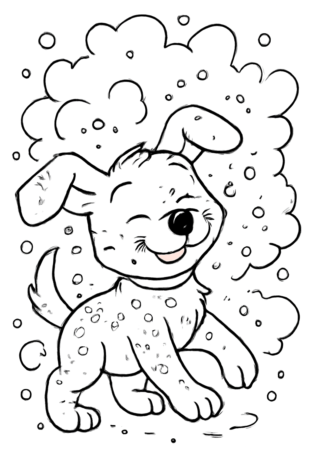Free printable puppy shaking off Holi powder clouds coloring page for kids
