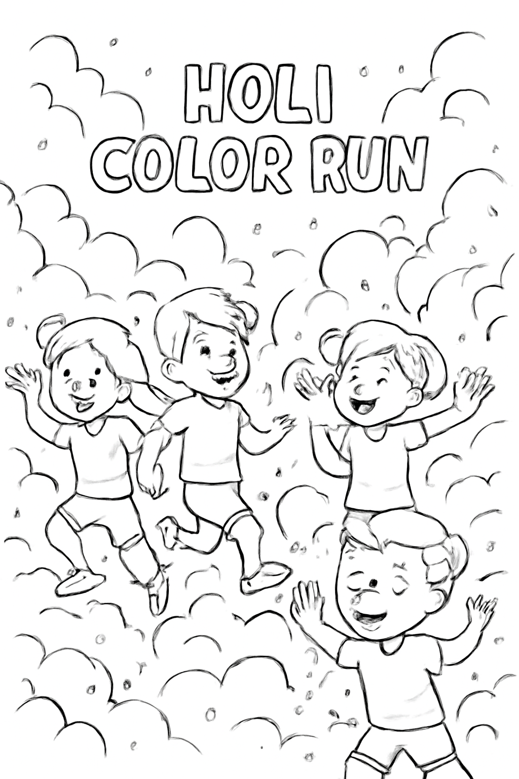 Free printable Holi color run with children leaping through powder clouds coloring page for kids