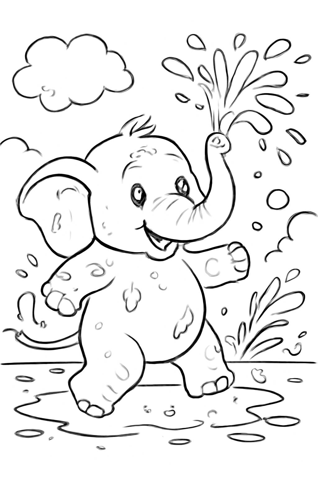 Free printable elephant spraying water playfully at Holi coloring page for kids