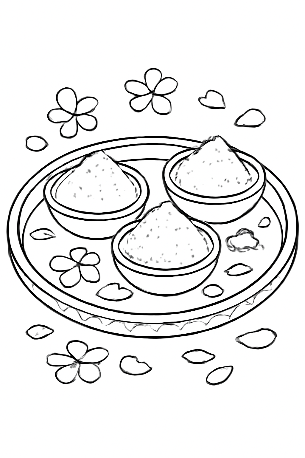Free printable Holi thali with powder bowls and flower petals coloring page for kids