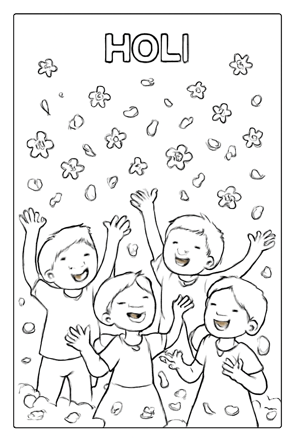 Free printable children tossing flower petals in the air for Holi coloring page for kids