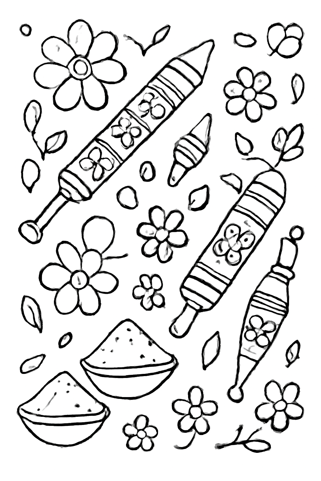 Free printable decorative Holi pichkari water sprayers flowers and powder bowls coloring page