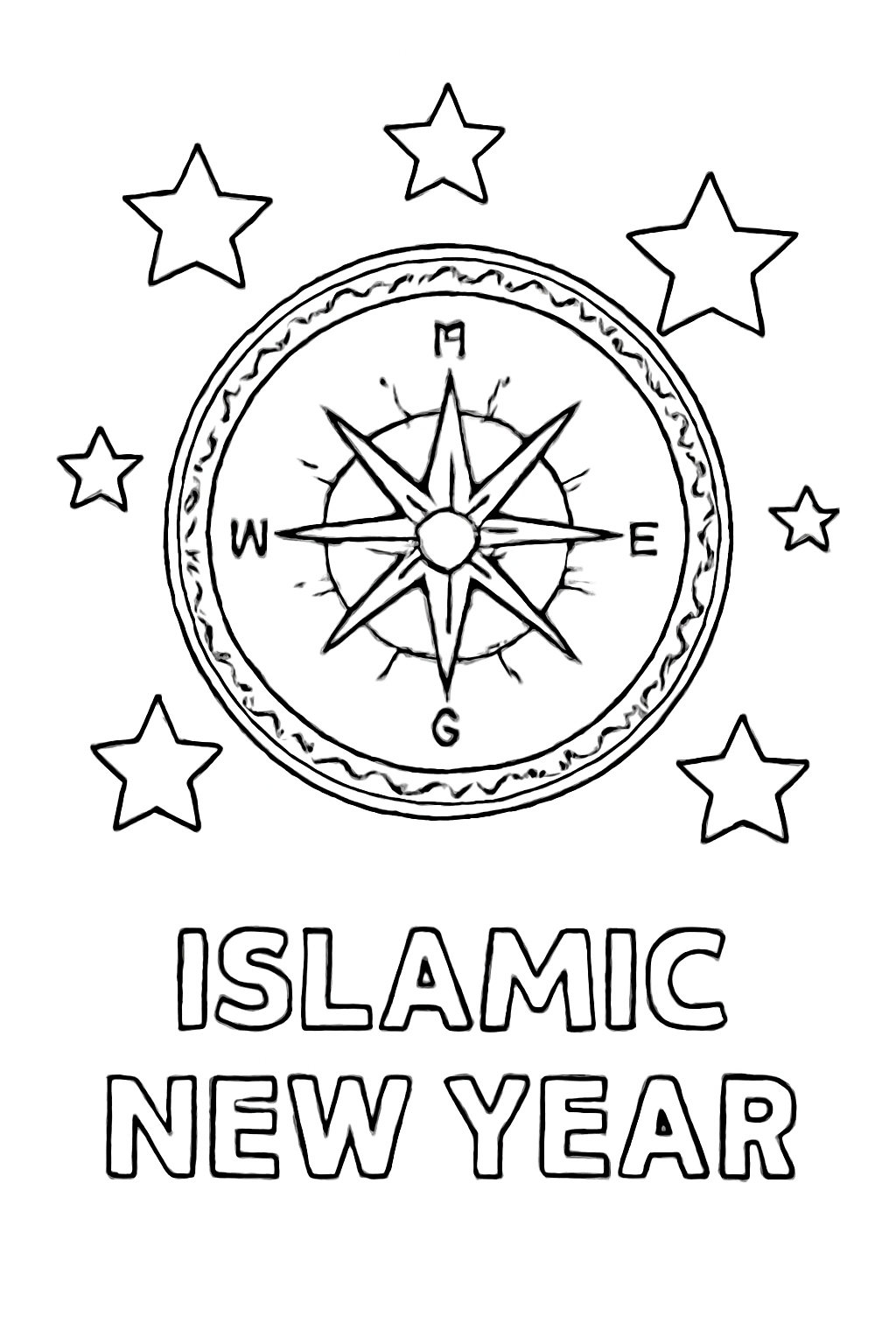Free printable decorative compass and stars for the Islamic New Year coloring page for kids