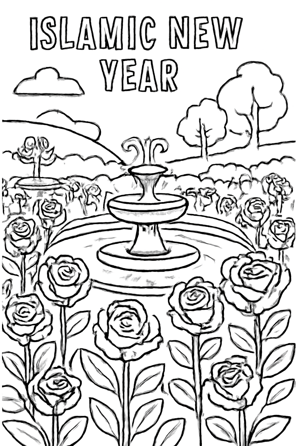 Free printable Islamic New Year garden with roses and fountains coloring page for kids