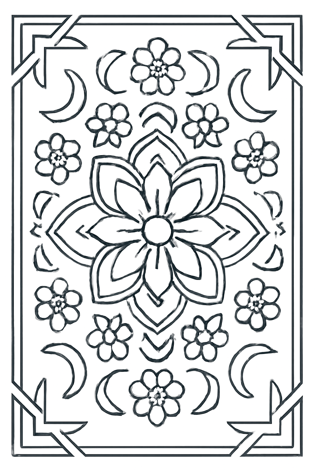 Free printable Islamic New Year geometric floral pattern with crescent motifs without text coloring page
