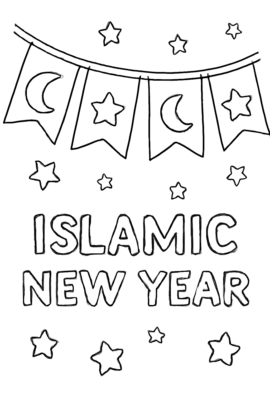 Free printable Islamic New Year star and crescent bunting coloring page for kids