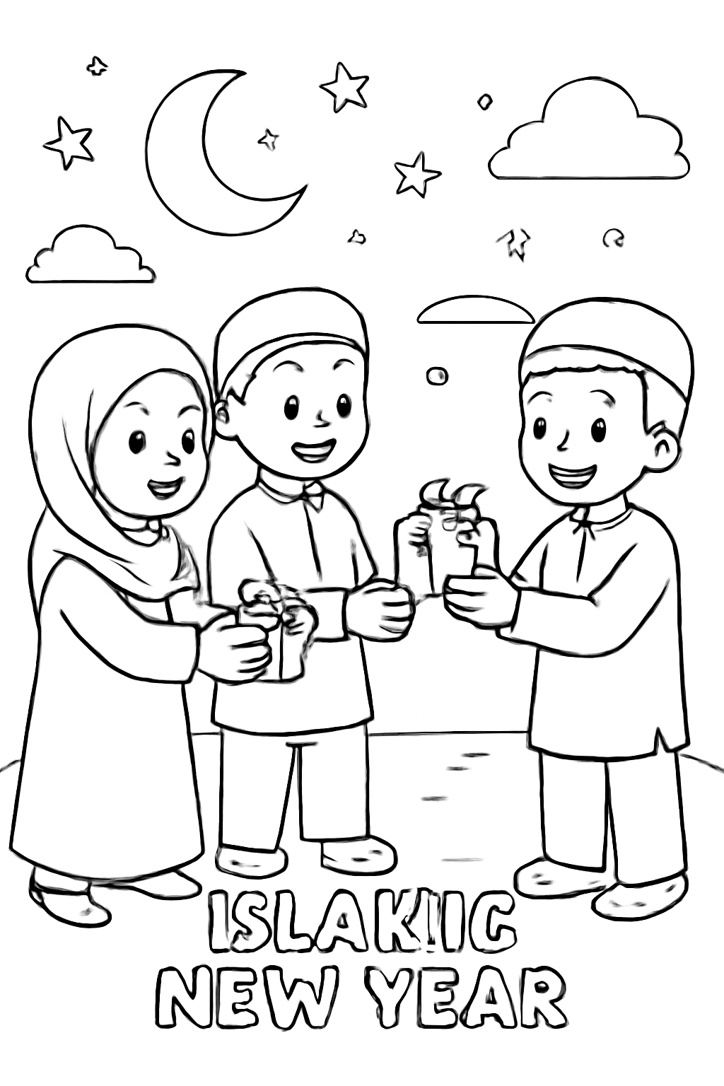 Free printable children exchanging small gifts on Islamic New Year coloring page for kids