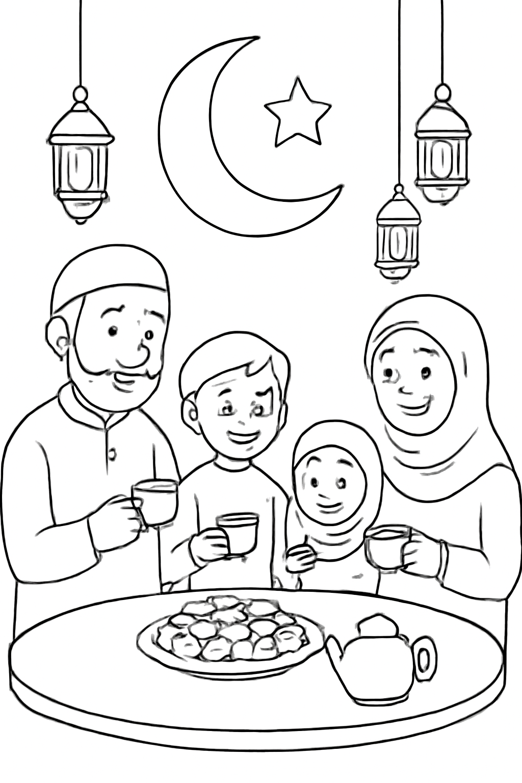 Free printable family sharing tea and dates on Islamic New Year coloring page for kids