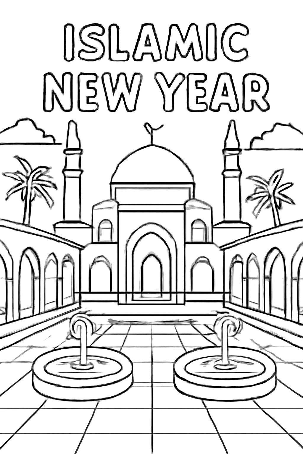 Free printable Islamic New Year mosque courtyard with fountains coloring page for kids