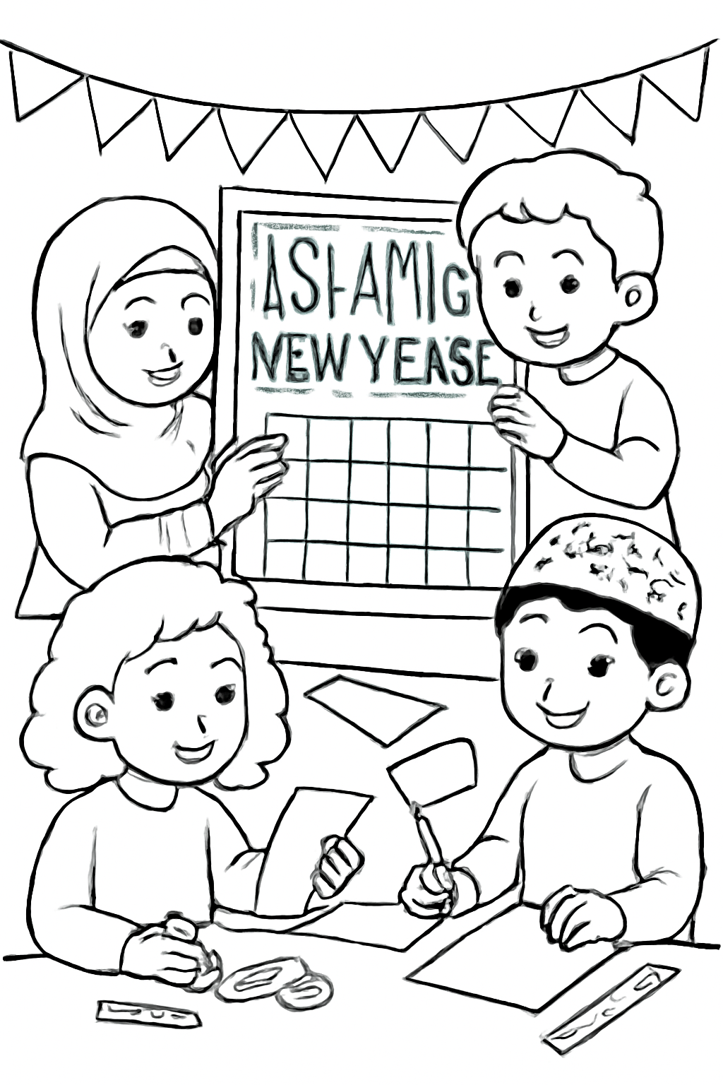 Free printable children making a paper calendar for the Islamic New Year coloring page for kids