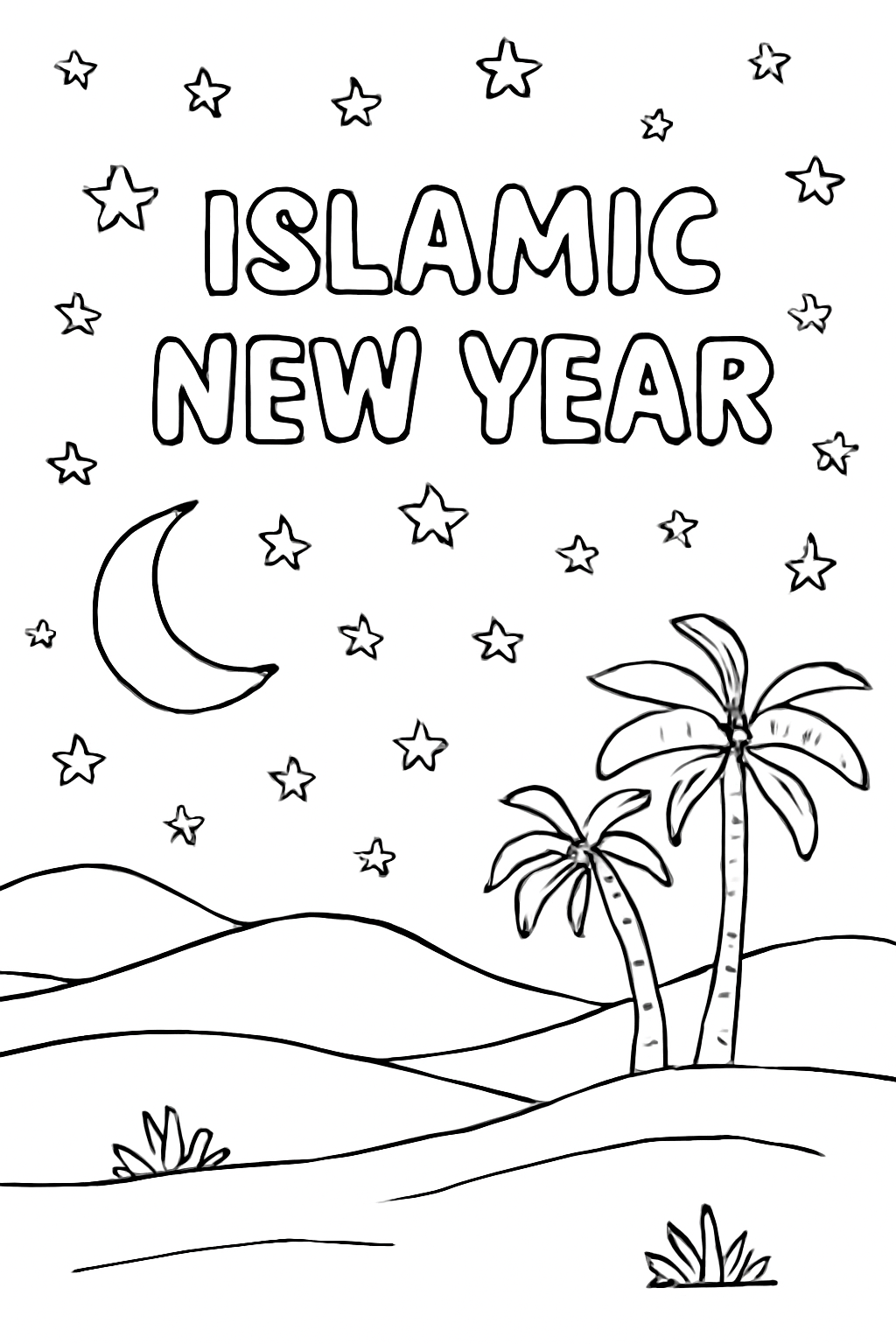 Free printable Islamic New Year sky full of stars over a desert coloring page for kids