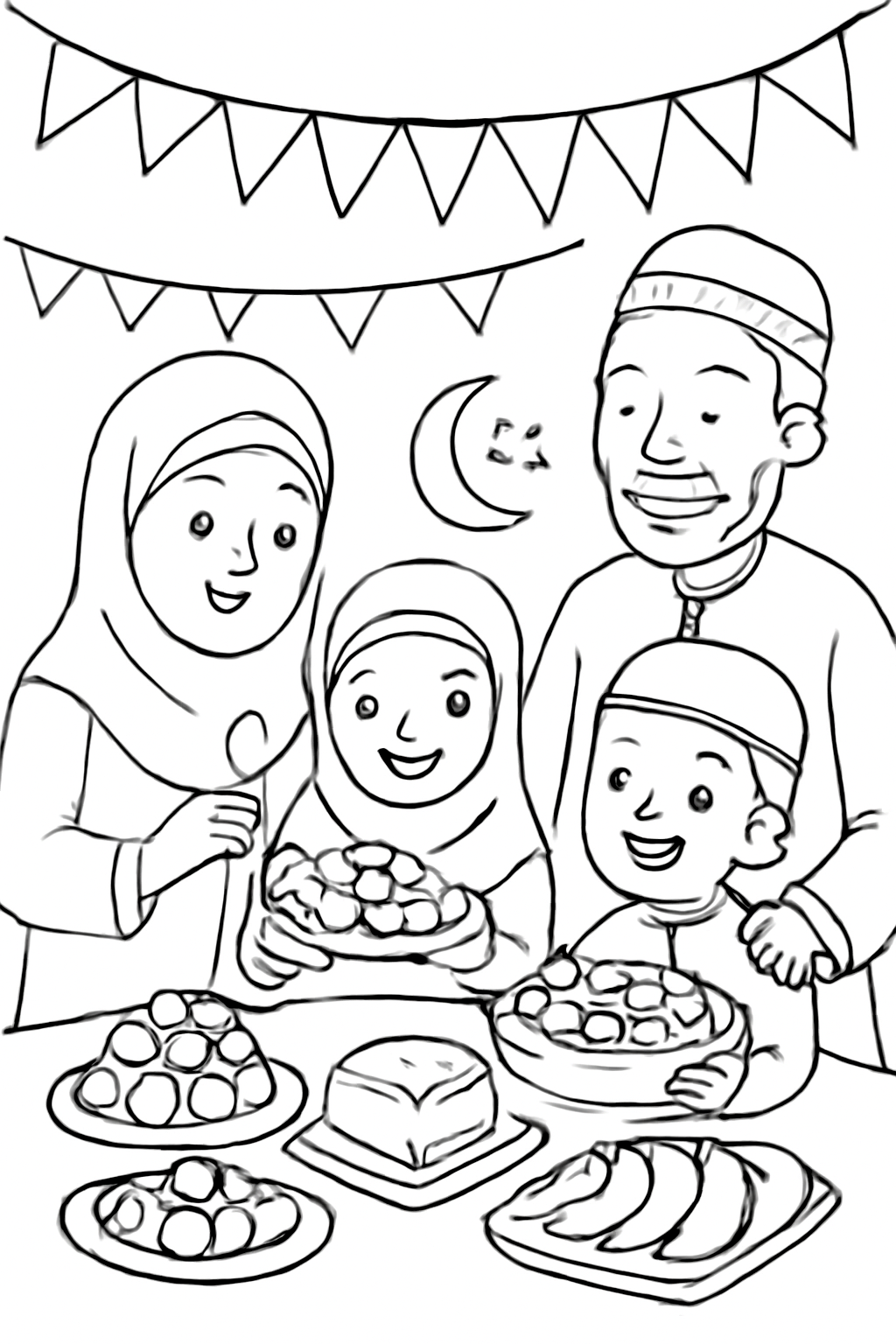 Free printable family gathering with sweets for Islamic New Year coloring page for kids