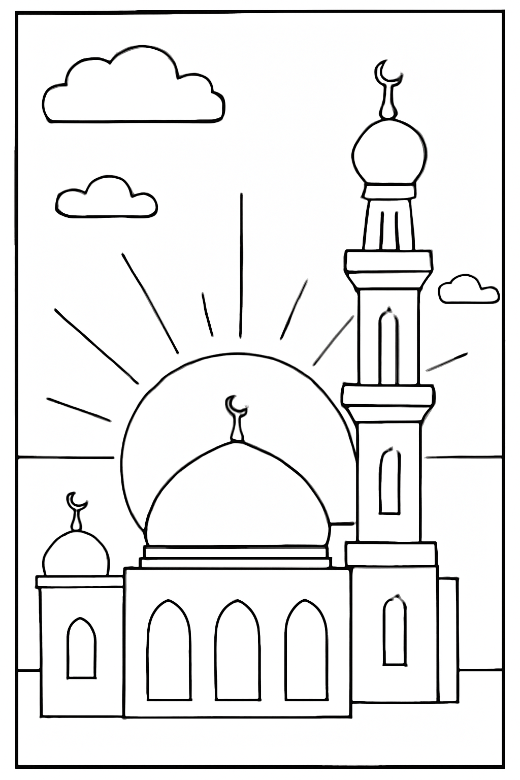 Free printable Islamic New Year minaret silhouettes at sunset coloring page for kids