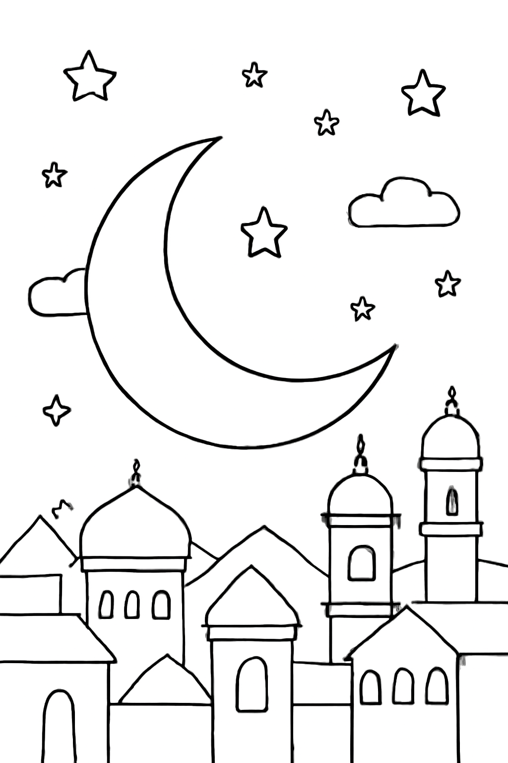 Free printable Islamic New Year crescent rising over rooftops coloring page for kids