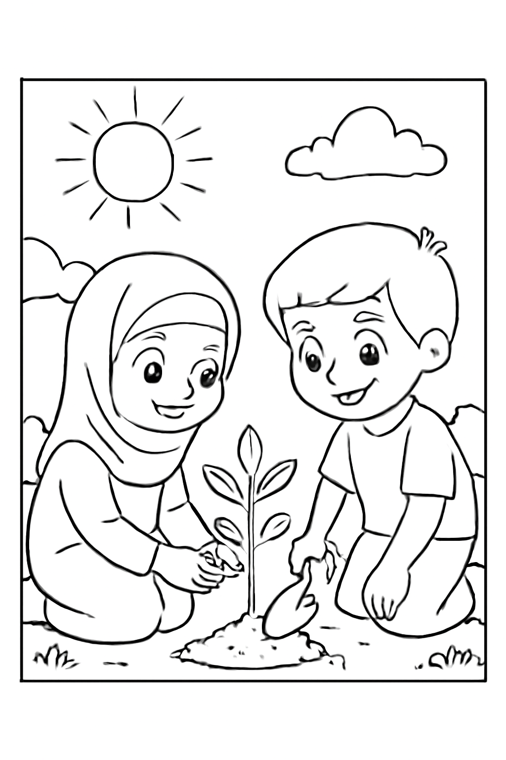 Free printable children planting a sapling for the Islamic New Year coloring page for kids