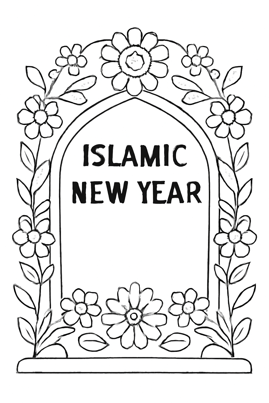 Free printable Islamic New Year archway decorated with flowers coloring page for kids