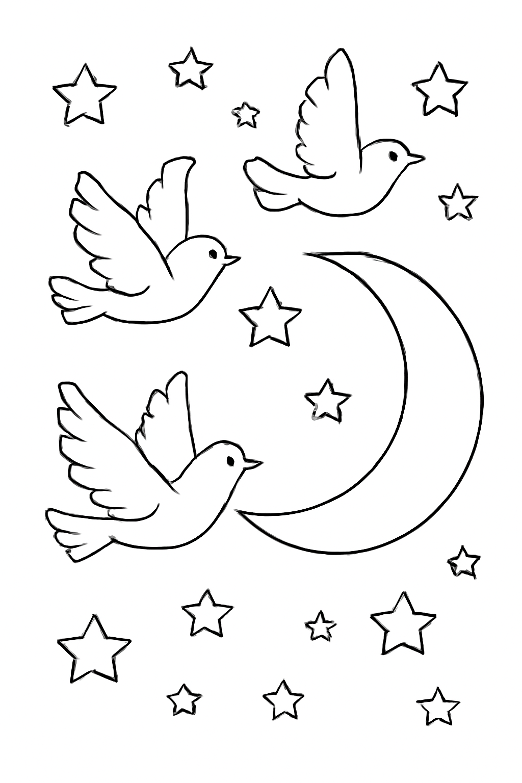 Free printable birds flying past a crescent moon on Islamic New Year coloring page for kids