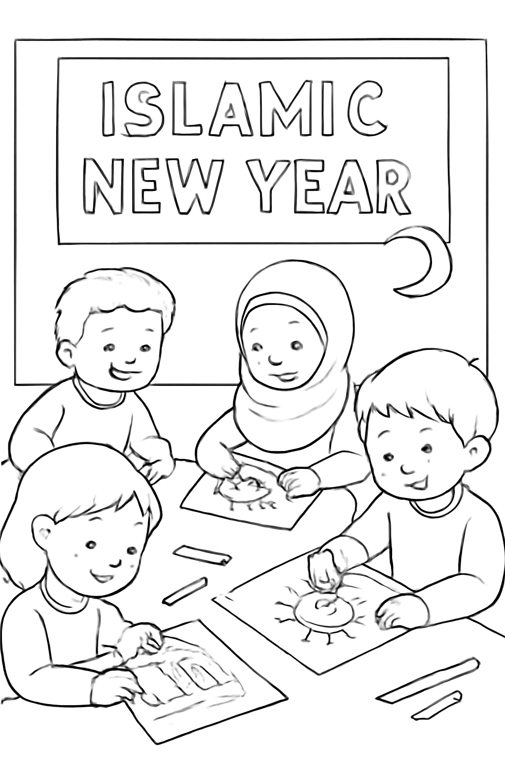 Free printable kids drawing pictures of good intentions for the Islamic New Year coloring page for kids
