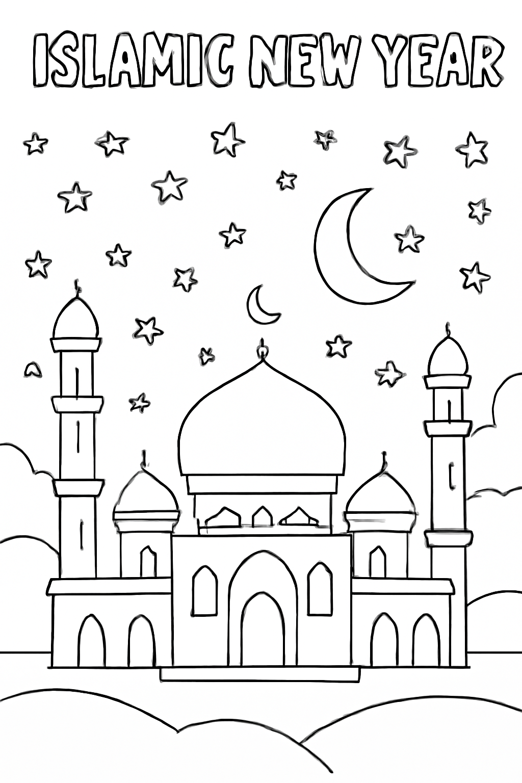 Free printable peaceful mosque skyline under stars for Islamic New Year coloring page