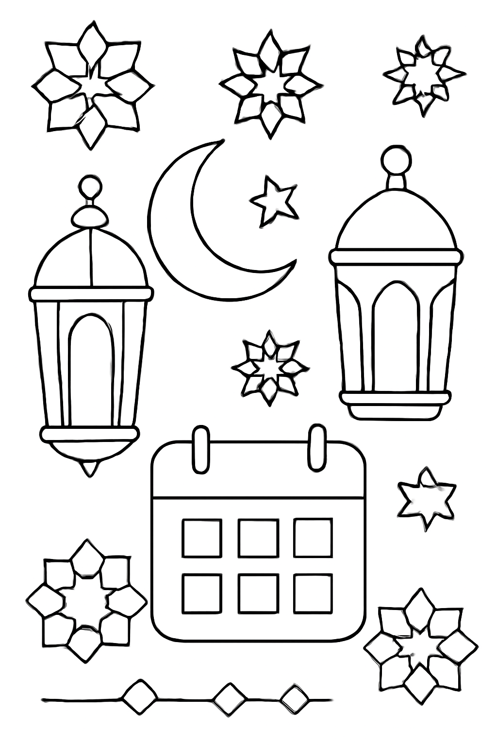 Free printable Islamic New Year lanterns crescent moon geometric stars and calendar coloring page