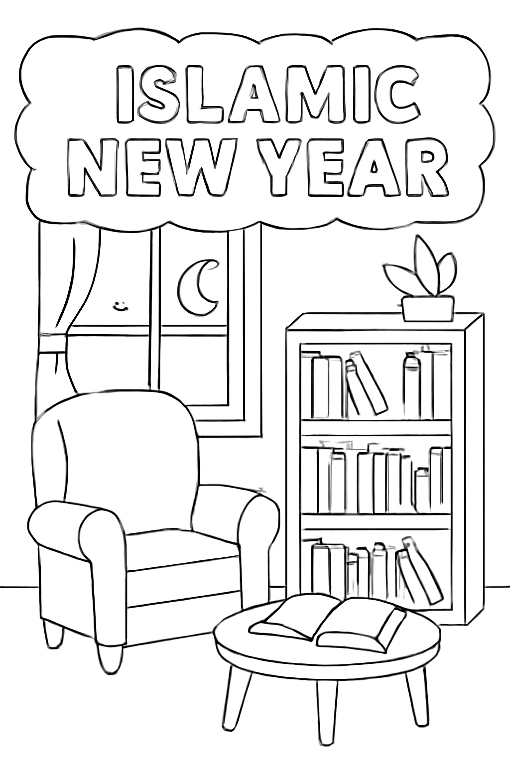Free printable quiet reading corner with books for Islamic New Year coloring page for kids
