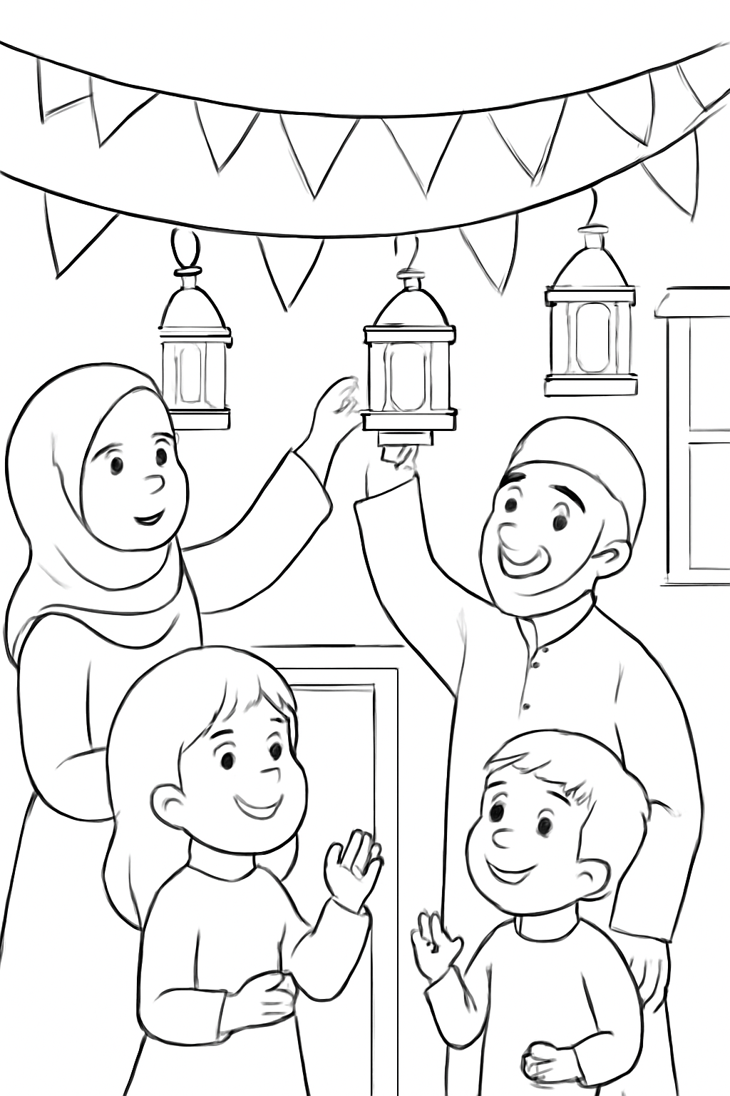 Free printable family decorating with lanterns for Hijri New Year coloring page