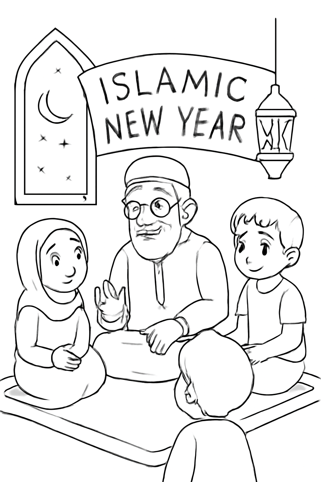 Free printable grandfather telling stories on Islamic New Year evening coloring page for kids