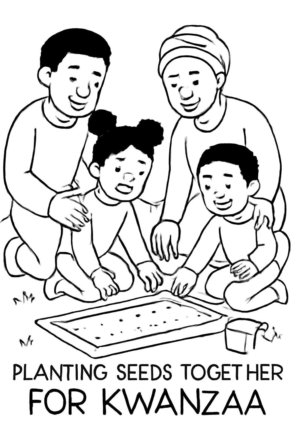 Free printable family planting seeds together for Kwanzaa coloring page for kids