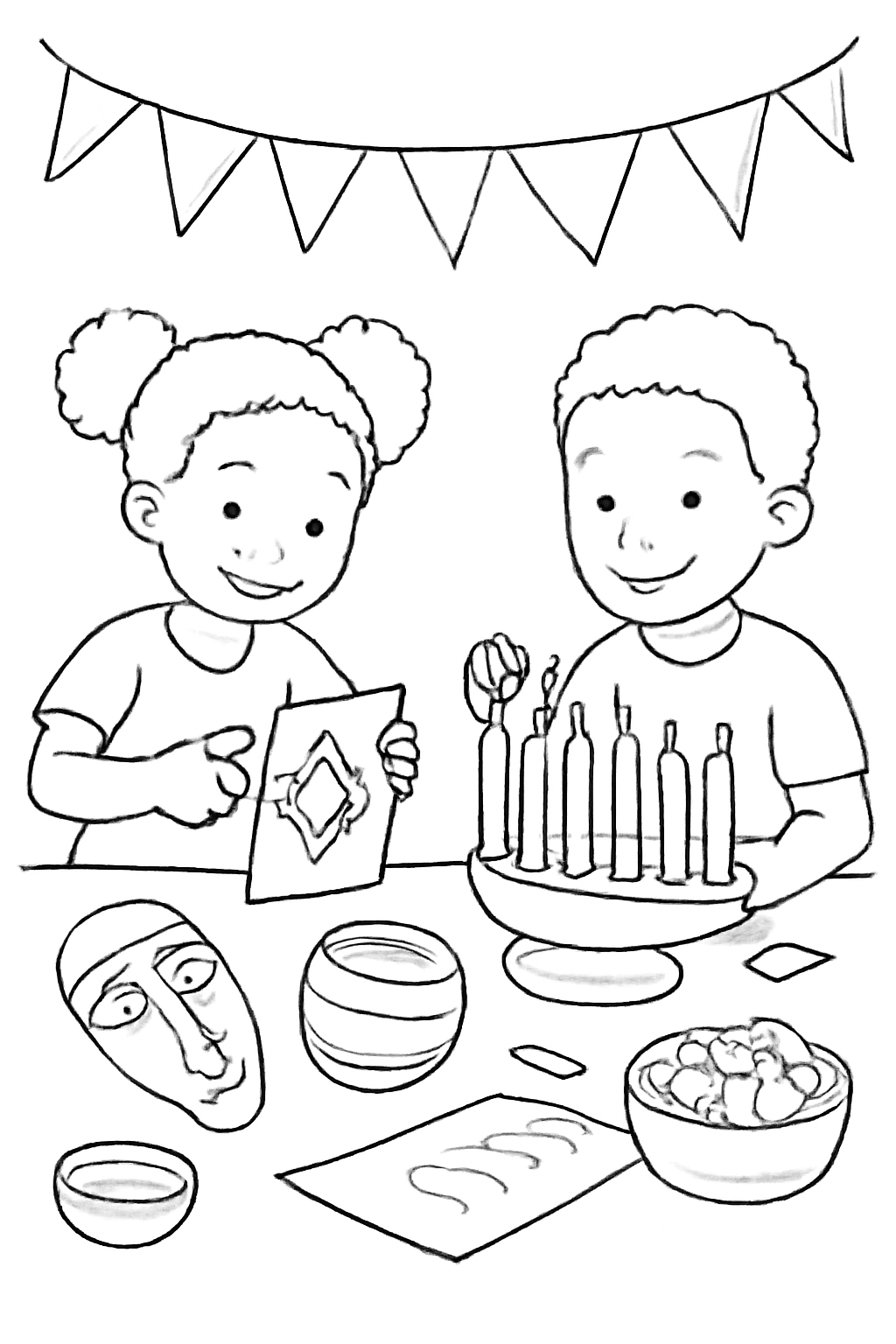 Free printable children making handmade Kwanzaa decorations coloring page