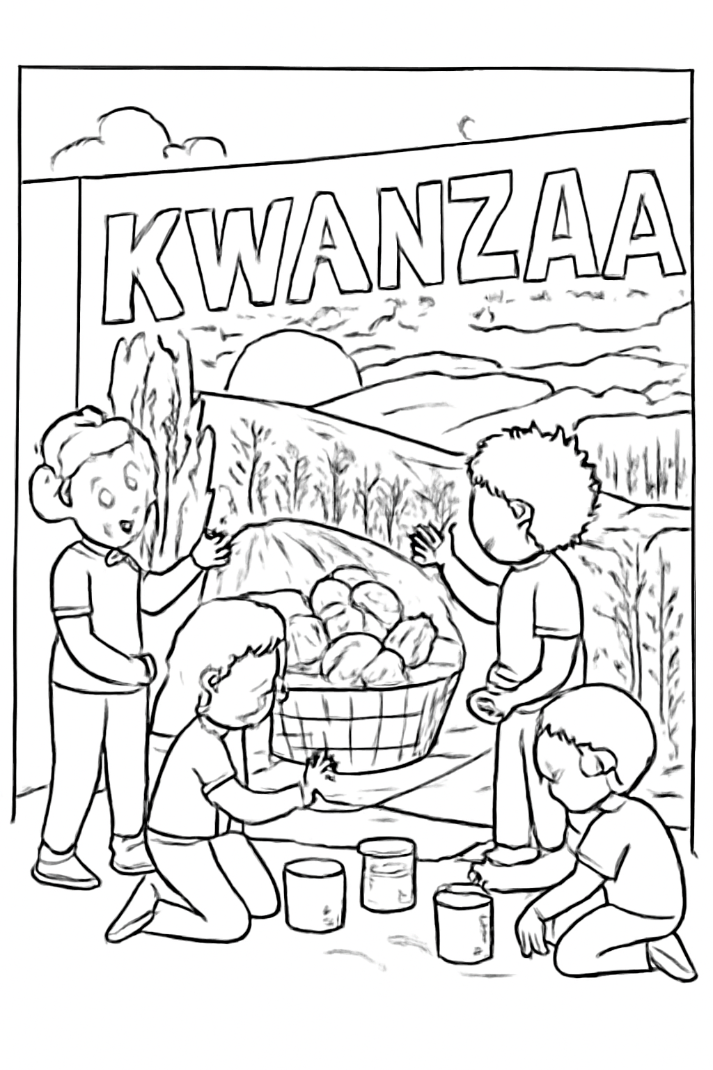 Free printable children painting a Kwanzaa mural of harvest fields coloring page for kids