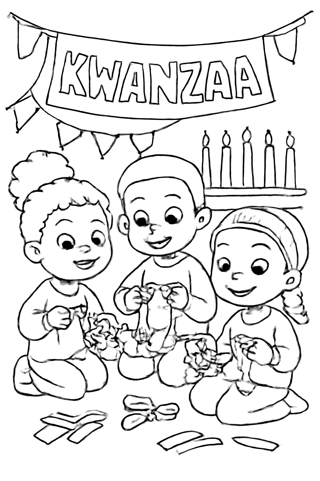 Free printable children making paper chains for Kwanzaa coloring page for kids