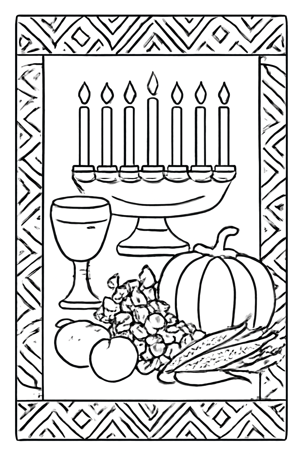 Free printable Kwanzaa unity cup kinara harvest foods and geometric textile patterns coloring page