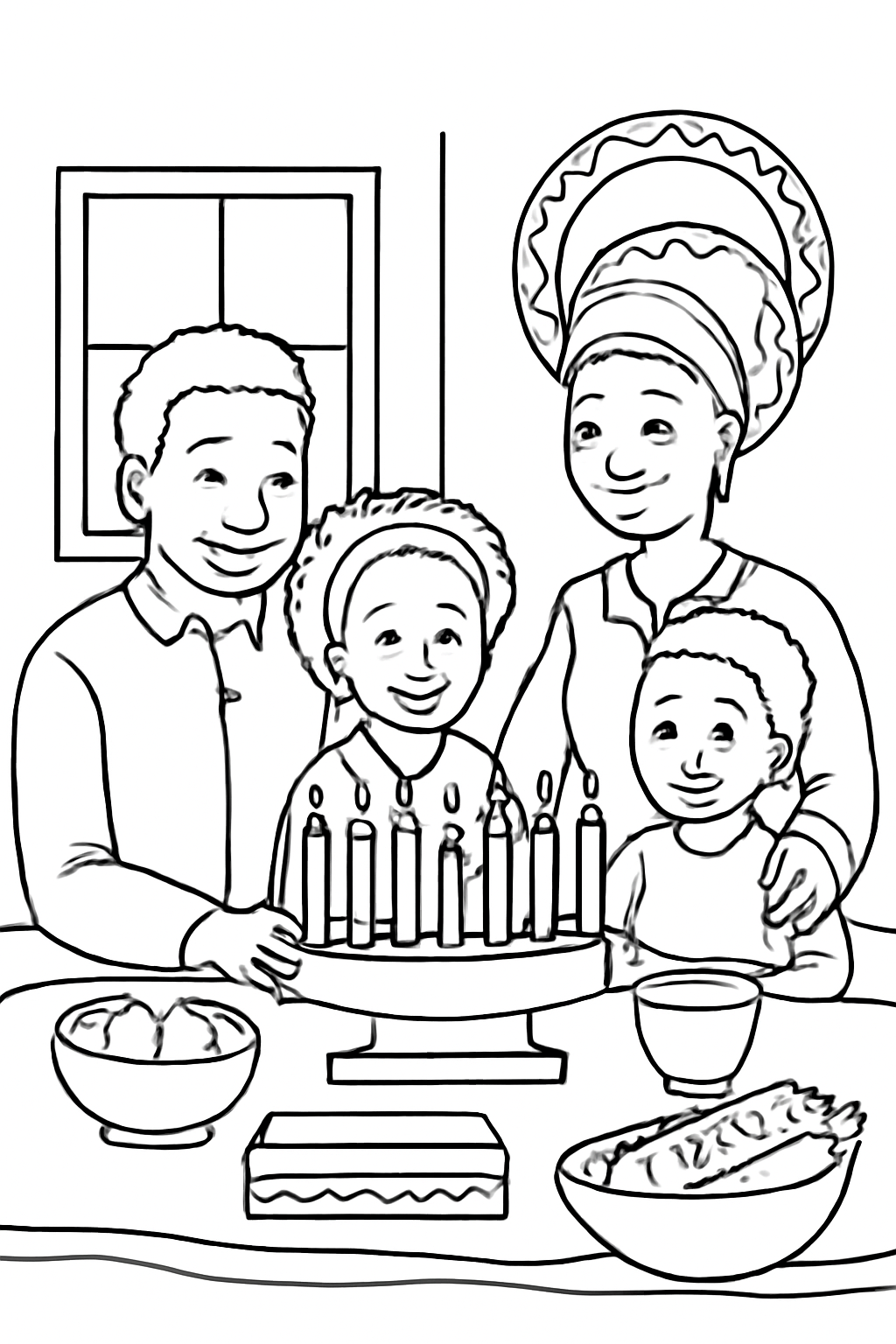 Free printable family gathered around a Kwanzaa celebration table coloring page