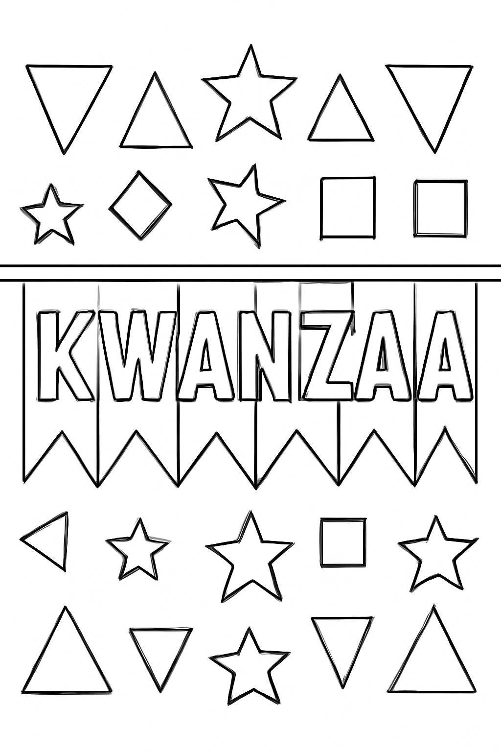 Free printable Kwanzaa banner of geometric shapes and stars coloring page for kids
