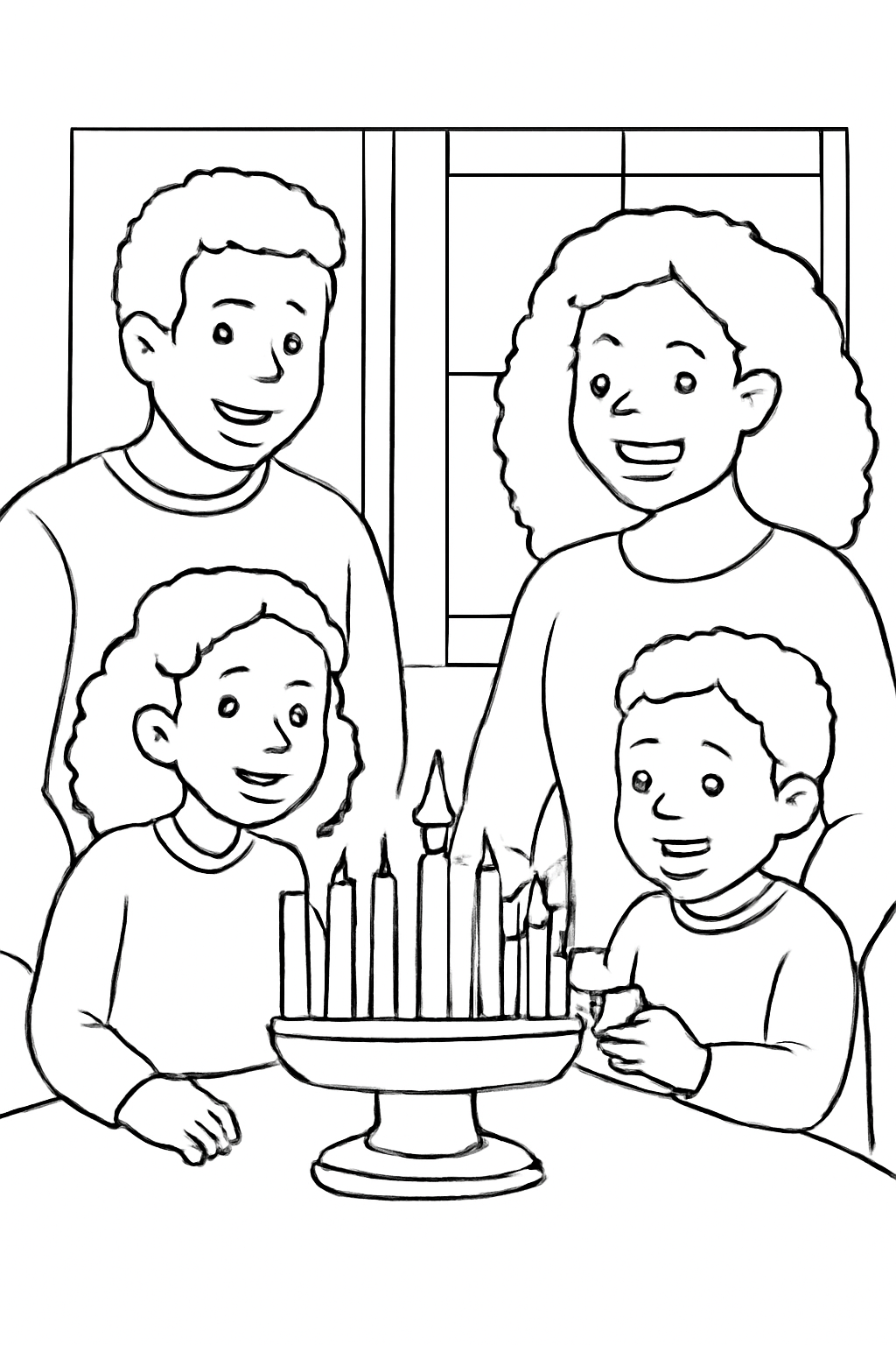 Free printable children lighting candles on the Kwanzaa kinara with family coloring page for kids