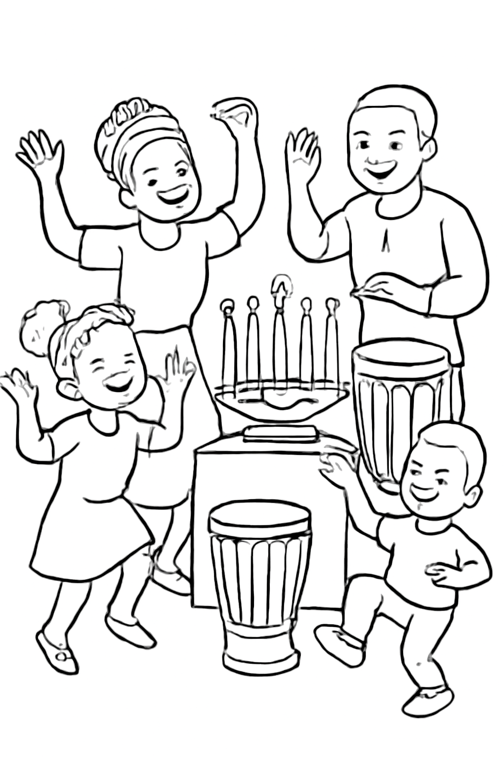 Free printable family dancing to drums during Kwanzaa coloring page for kids