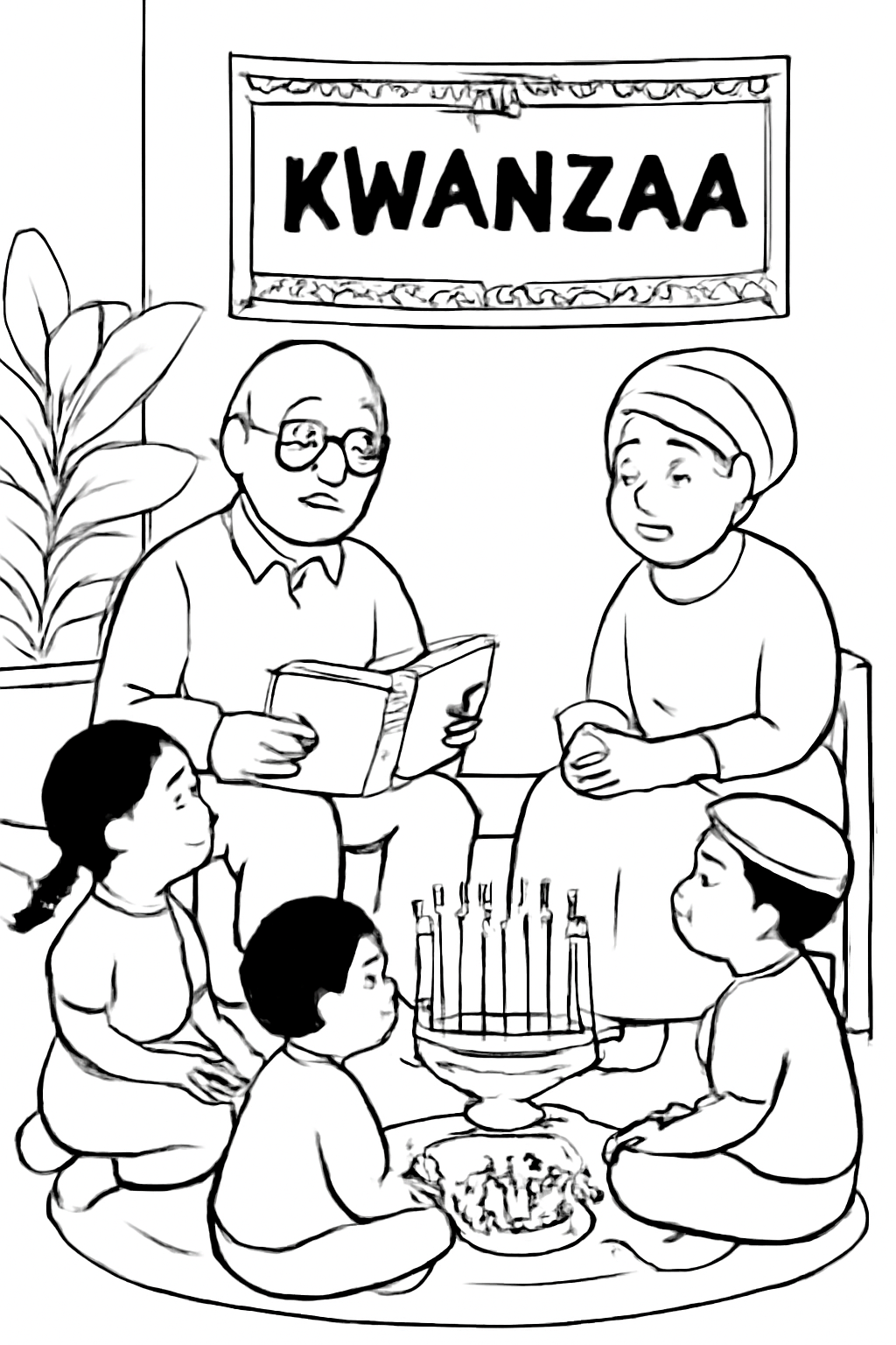 Free printable Kwanzaa storytelling circle with grandparents coloring page for kids