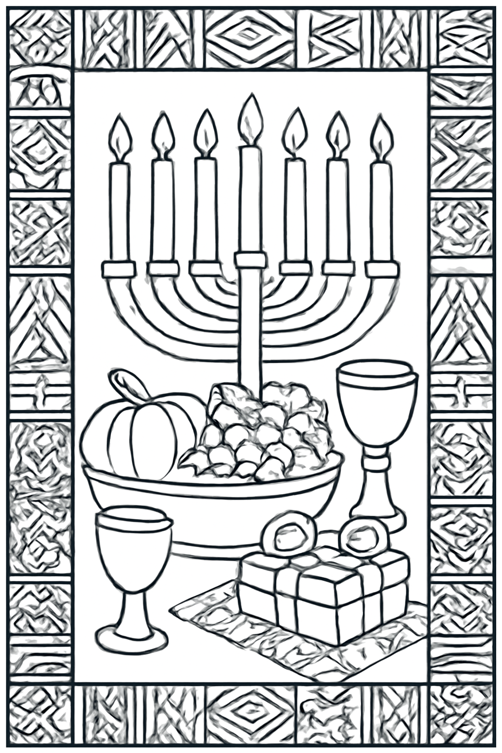 Free printable Kwanzaa kente-inspired border patterns coloring page for kids