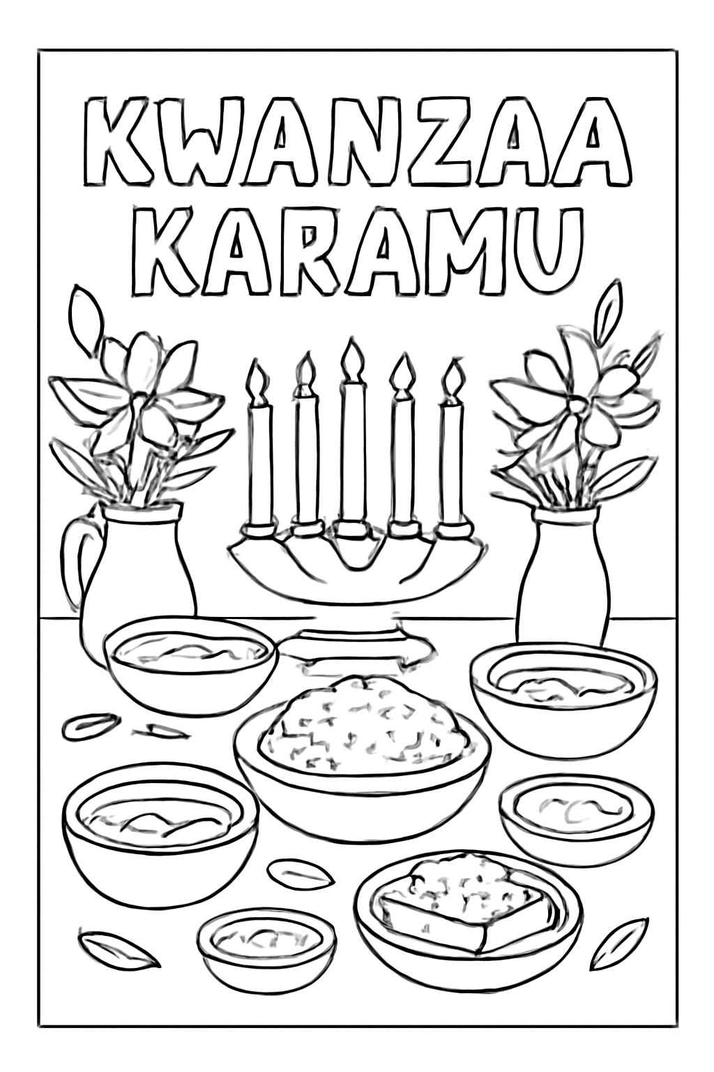 Free printable Kwanzaa karamu feast table with dishes and flowers coloring page for kids