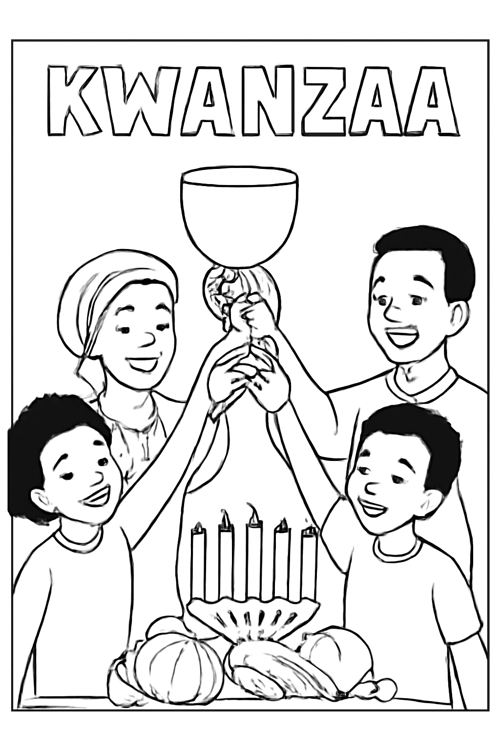 Free printable unity cup raised at a Kwanzaa gathering coloring page for kids