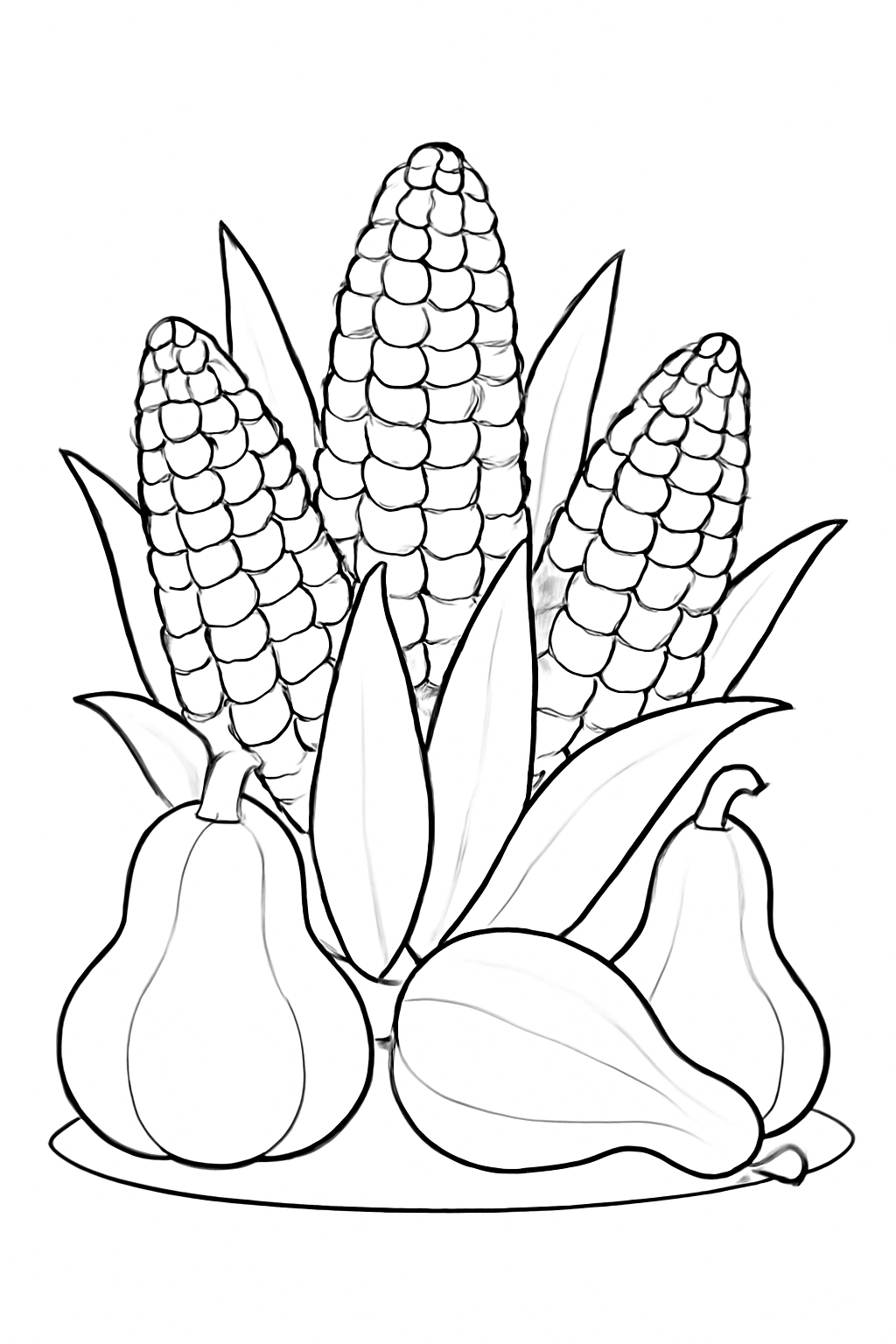 Free printable ears of corn and gourds arranged for Kwanzaa coloring page for kids