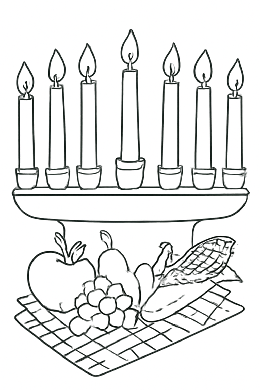 Free printable Kwanzaa kinara with seven candles fruit corn and woven mat coloring page